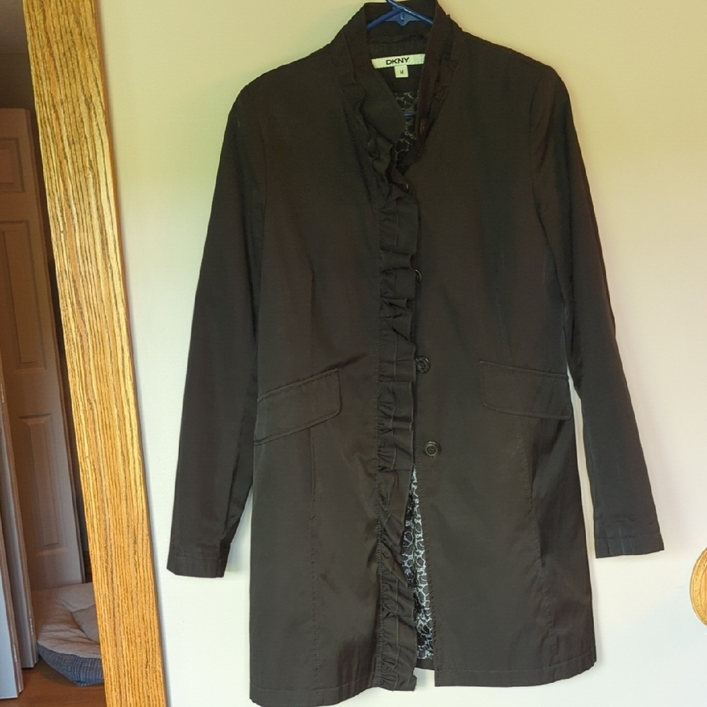 DKNY Black Trench Coat with Ruffled Trim